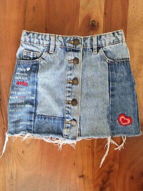 Desigual Denim Embroidered Patch Button Up Denim Skirt Girls 5/6Y